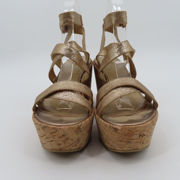 Stuart Weitzman Women 9M Gold Glitter Cork Platform Wedge Sandals Strappy Shoes - Picture 4 of 13